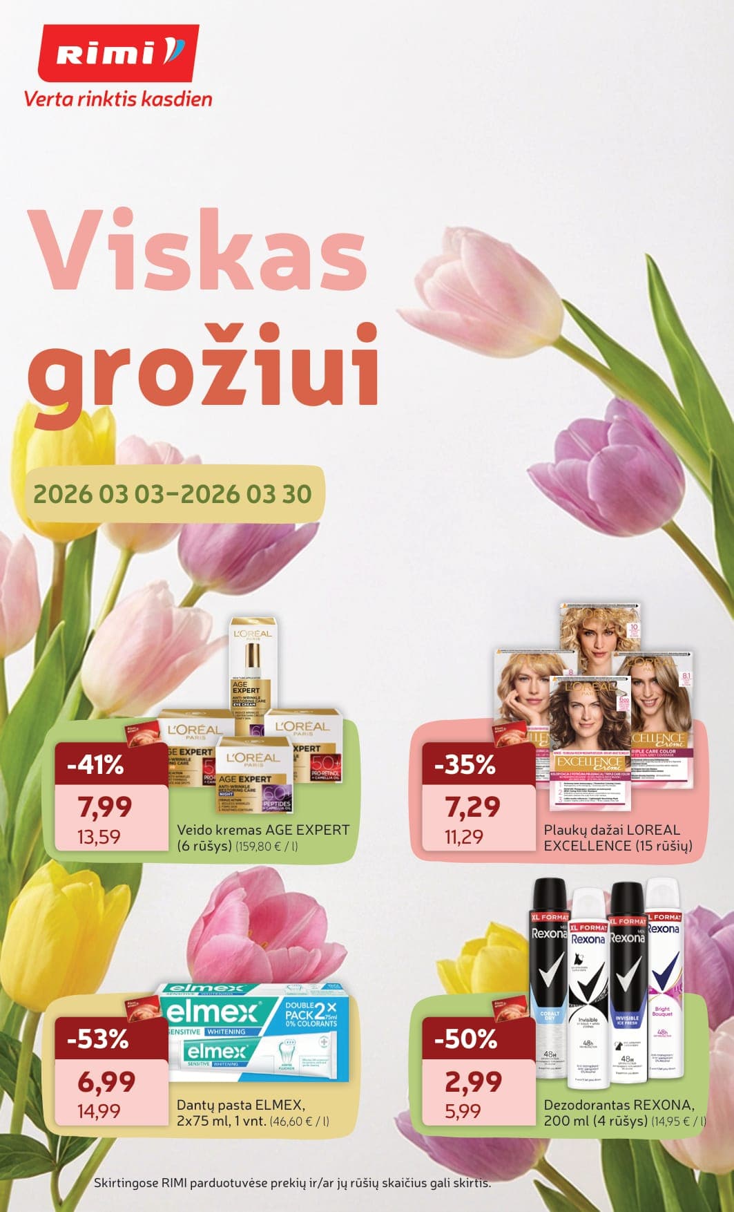 RIMI grožio prekių akcijų ir nuolaidų leidinys "Viskas grožiui" nuo 2026.03.03 iki 2026.03.30